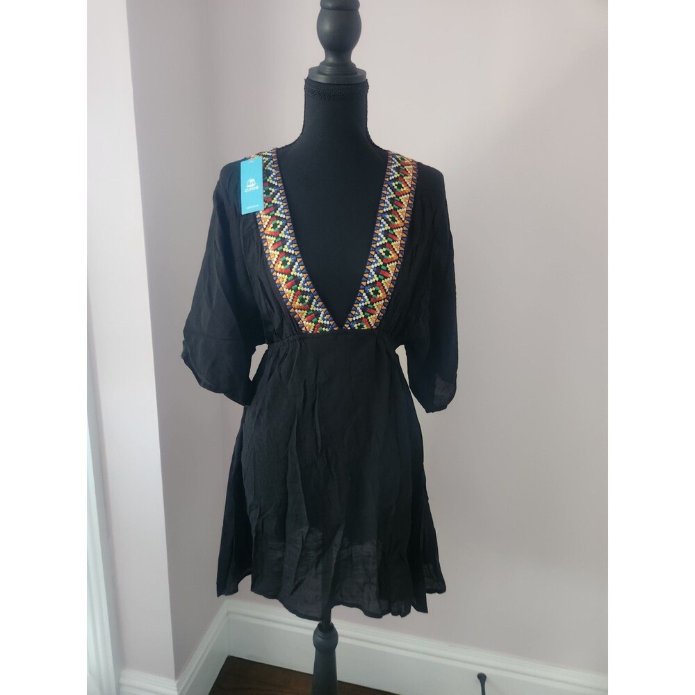 Cupshe V Neck Embroidered Cover Up Dress Black Boho Smocked Waist NWT Size S - Picture 2 of 11